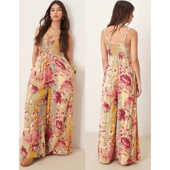 Free People Melrose Floral Wide‎ Leg Jumpsuit Boho Festival Cottagecore – S